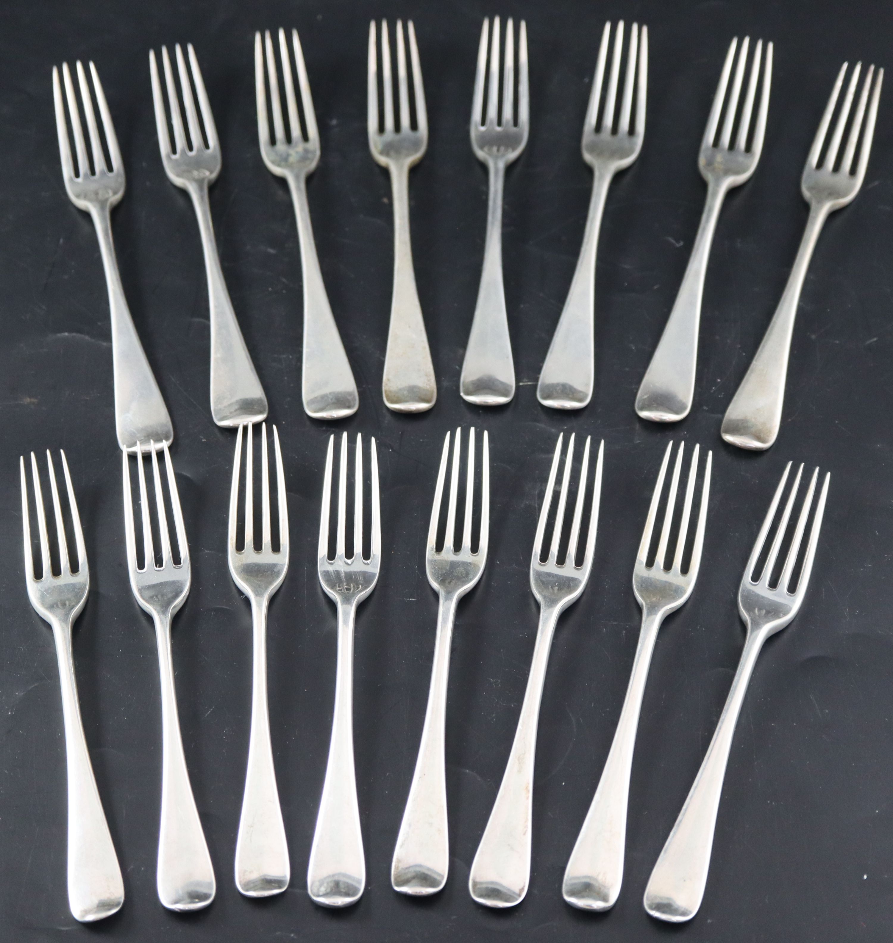 Eight Victorian silver Old English pattern table forks and eight matching entree forks